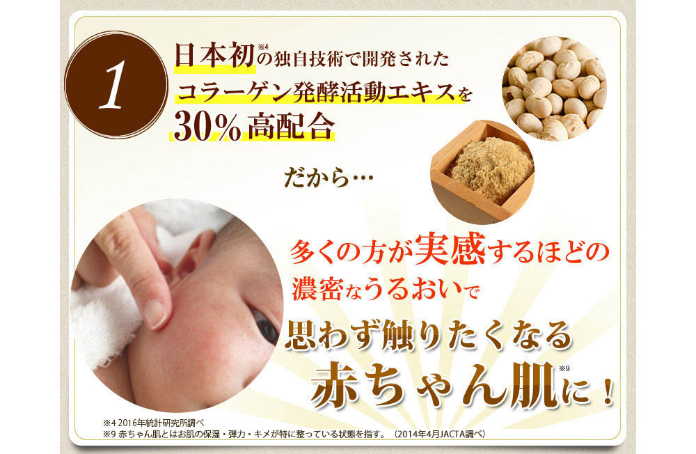 1 日本初の独自技術で開発された納豆菌発酵エキス(無臭)を他にはない高配合　だから…97.3％が満足するほどの濃密なうるおいで赤ちゃん肌が速攻手に入る！!