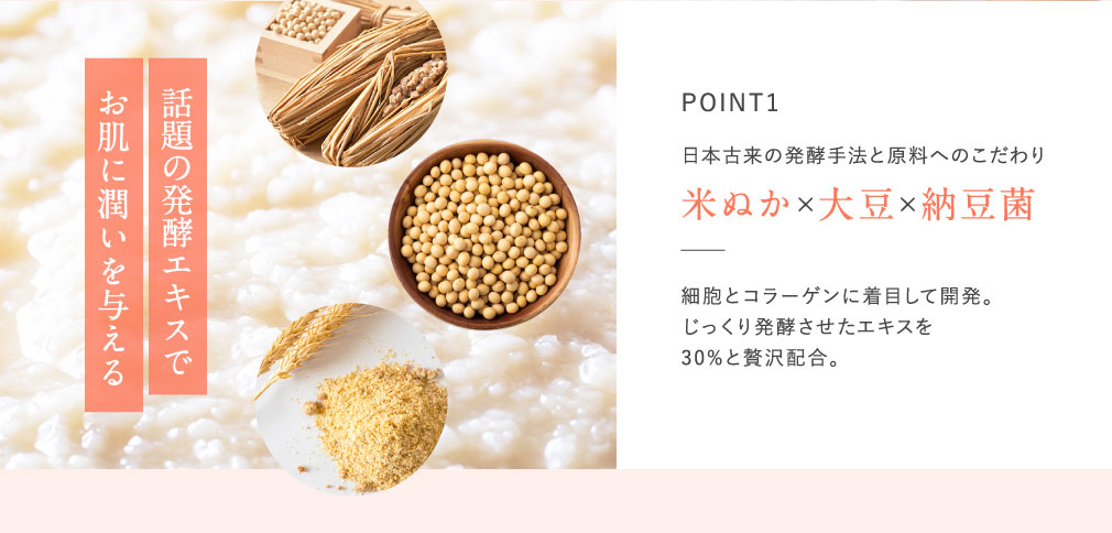 POINT1 日本古来の発酵手法と原料へのこだわり　米ぬか×大豆×納豆菌