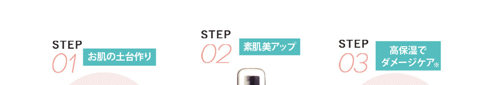STEP 01 / お肌の土台作り STEP 02 / 素肌美アップ STEP 03 / 高保湿でダメージケア