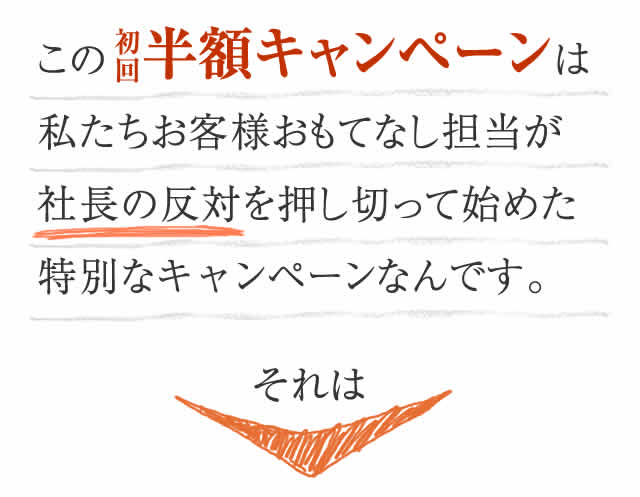 この初回半額キャンペーンは私たちお客様おもてなし担当が社長の反対を押し切って始めた特別なキャンペーンなんです。