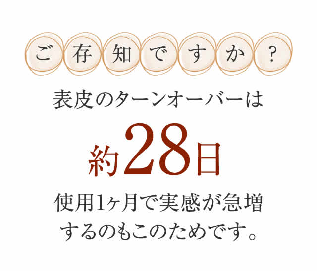 ご存知ですか？表皮のターンオーバーは約28日使用１ヶ月で実感が急増するのもこのためです。